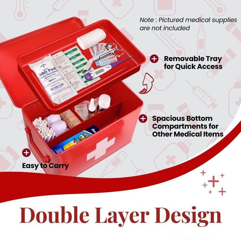Flexzion First Aid Box Organizer Empty 13" Red Vintage First Aid Kit Tin Metal Medical Box - First Aid Storage Box Container Bins with Dividers, Removable Tray and White Cross Logo - Image 5
